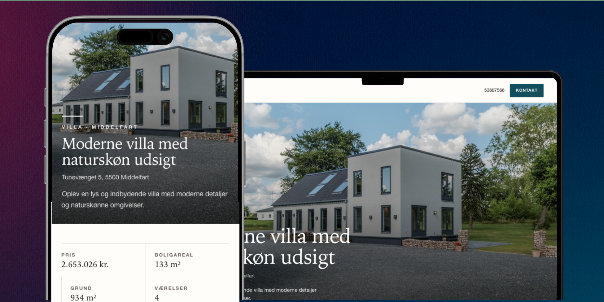 Nyt Sneak Peek-design vist på mobil og desktop med moderne villa-præsentation